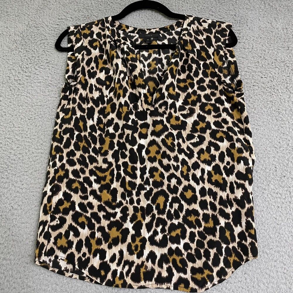 J Crew Animal Print V-Neck Sleeveless Silk Top Blouse Womens 00 Cruise Work EUC